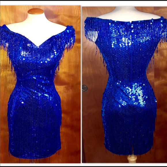 NADINE PETITE•ROYAL BLUE BEADED SEQUIN DRESS - Picture 3 of 7